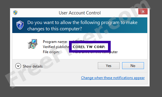 Screenshot where COREL TW CORP. appears as the verified publisher in the UAC dialog
